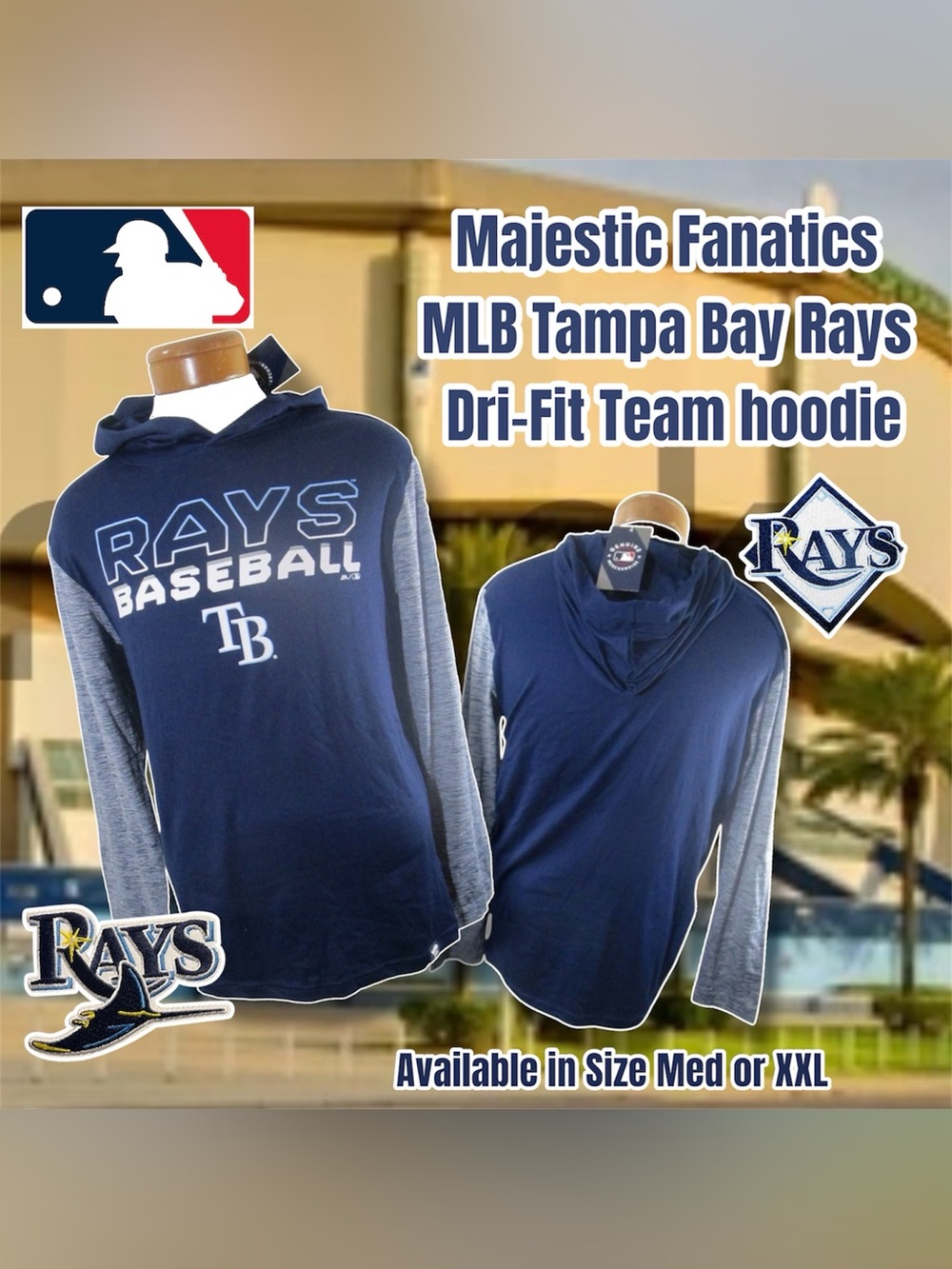 Majestic Fanatics Tampa Bay Rays L/S Dri-Fit Team hoodie, XL or Med (Navy/Gray)